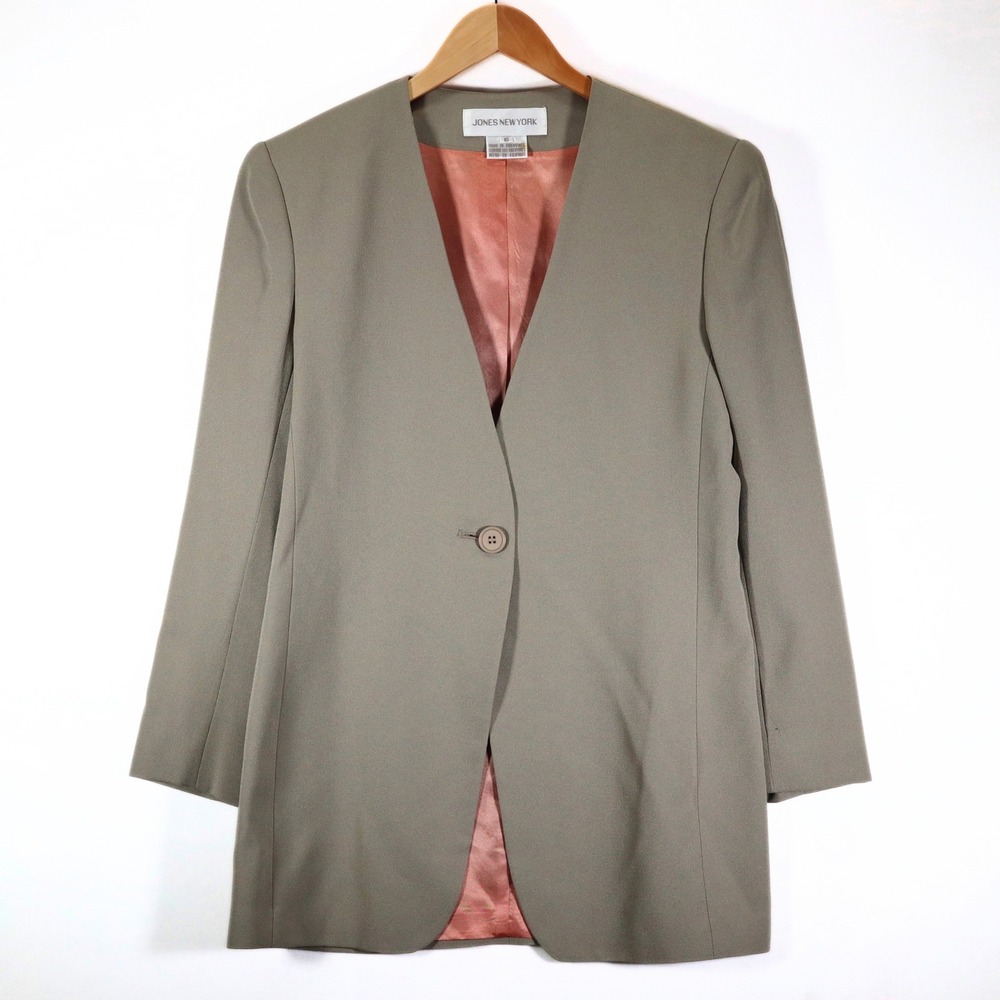 Jones New York Blazer Womens 10 Sage Green Collarless Crepe Single Button Office